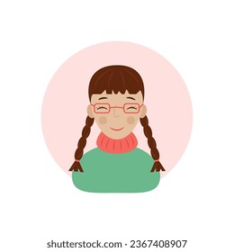 A girl with brown hair. Avatar with the image of a cute girl with pigtails in a cartoon style. A woman in a green sweater and glasses. Vector illustration