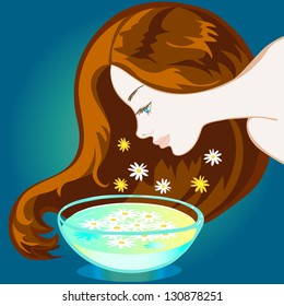 girl with brown hair bent over chamomile flowers in a bowl inhaled therapeutic