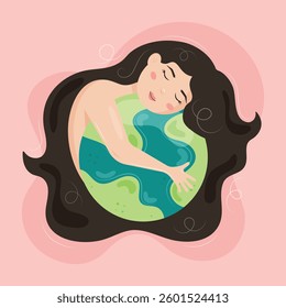 Girl with brown hair hugs the earth. Mother nature  is holding planet. Earth day poster on blue background.  Ecological consept.  Save the planet. April 22. Cartoon design. Flat vector illustration. 