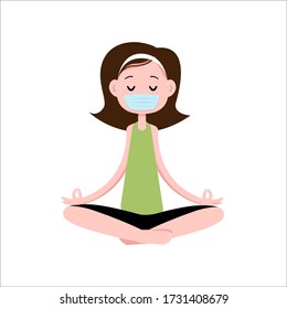 Girl with brown hair meditates in a medical mask on a white background in vector graphics