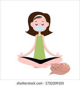 Girl with brown hair meditates in a medical mask with a cat on a white background in vector graphics