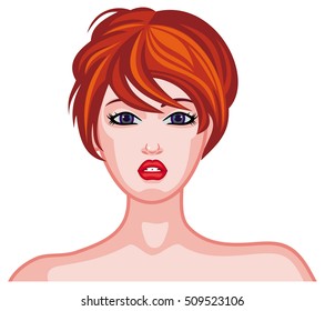 Girl With Brown Hair And Modern Haircut. Short Hair Style. Vector Clip Art.