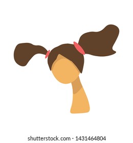 Girl with brown hair with ponytails in flat style on a white background. 