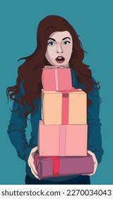 A girl with brown hair is surprised by the gifts . Postcard to International Women's Day. Woman with gifts in a sweater.
