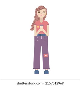 Girl with brown hair in trousers with cup of coffee