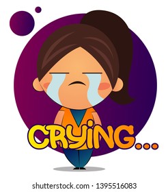 Girl with brown ponytail is crying, illustration, vector on white background.