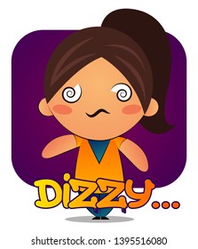 Girl with brown ponytail is dizzy, illustration, vector on white background.