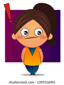 Girl with brown ponytail with exclamation mark, illustration, vector on white background.