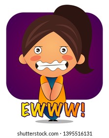 Girl with brown ponytail says ewww, illustration, vector on white background.