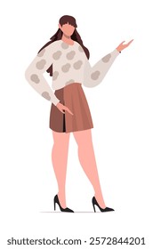 A girl in a brown skirt and gray sweater with brown hair, standing against a white background. She is dressed in a modern casual style, blending comfort and elegance. Vector Not AI generated