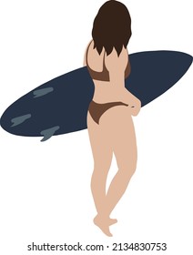 
Girl in a brown swimsuit holding a blue surfboard
