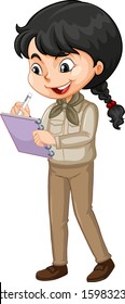 Girl in brown uniform writing on white background illustration