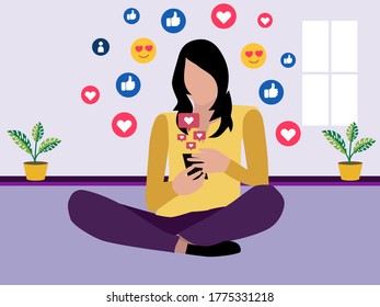 Girl browse social networks and making post and sharing happy moments with their followers. Social media influence and addiction. Vector illustration Concept