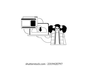 The girl with the browser that synchronizes the datum . Cloud storage root . black and white line art. Trendy style, Vector Illustration