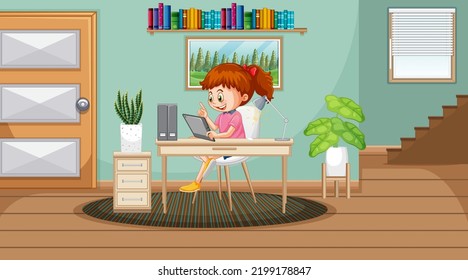 Ein Mädchen, das im Internet auf Tablette zu Hause surft
