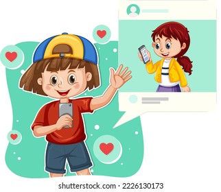 Girl browsing social media using phone illustration