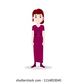 girl brunette character serious female red dress template for design work and animation on white background full length flat person