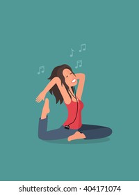 Girl brunette practicing yoga. Girl meditating to music on headphones.
