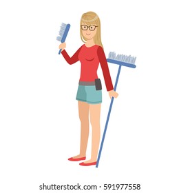 Girl With Brush And Broom, Cartoon Adult Characters Cleaning And Tiding Up
