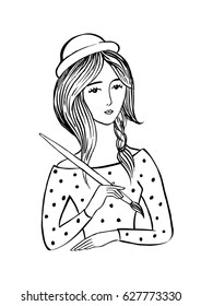 Girl with brush. Linear vector graphics. Hand-drawn illustration