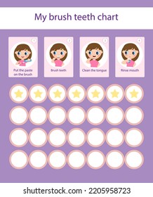 Girl brush teeth chart. Brush teeth Reward Chart. Daily Routine.