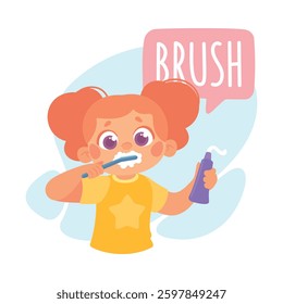 Girl Brush Teeth as Verb Study with Little Kid Demonstrating Activity Vocabulary Vector Illustration