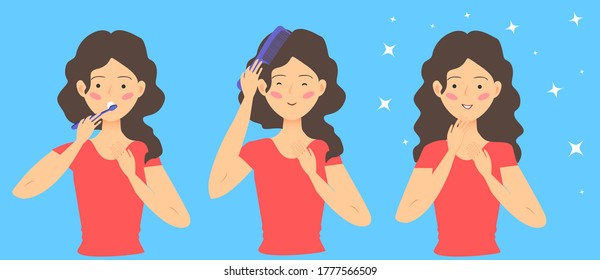 The girl brushes her teeth and combs her hair. Vector illustration