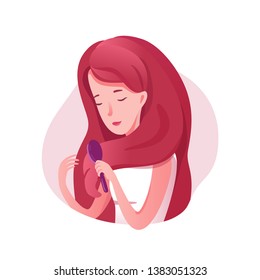 Girl brushing hair flat illustration. Sleepy teenager combing long curls. Woman getting ready to bed in evening. Attractive female vector character. Lady holding hairdresser tool design element