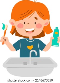 The girl is brushing her teeth.