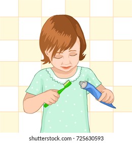 The girl is brushing her teeth. Baby squeezes the toothpaste on the toothbrush. Care of the oral cavity. Children's hygiene. Vector illustration.