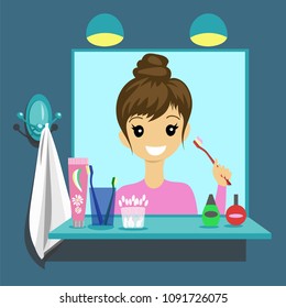 girl brushing her teeth in the bathroom