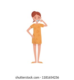 Girl brushing her teeth, beauty treatment, young woman taking care of herself vector Illustration on a white background