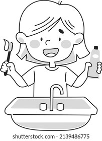 The girl is brushing her teeth. Drawing for coloring.