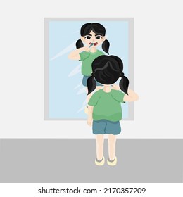 A girl brushing her teeth in front of the mirror.