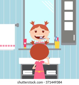 Girl brushing her teeth in front of a mirror in the bathroom. Happy baby with healthy teeth, toothpaste and toothbrush.
Vector flat  illustrations.