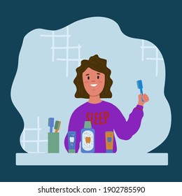Girl Brushing her teeth. People brush their teeth and mouth in the morning. Self-care Toothpaste, mouthwash, Brushes in a glass. Vector illustration