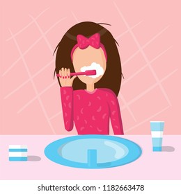 Girl is brushing her teeth in pink pajamas,   wild hair, bow on the head