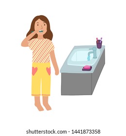 Girl brushing her teeth with a toothbrush. Child hygiene before school. Vector illustration isolated on white background.