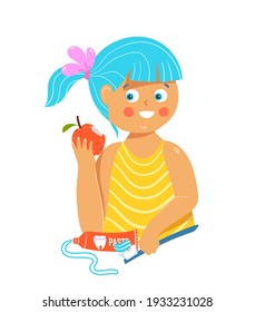 Girl brushing her teeth with toothbrush and toothpaste, biting apple with strong teeth. Kids and children dental care illustration design. Vector cartoon.