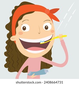 Niña cepillándose los dientes. Ilustración vectorial.