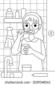 Página de coloración de la actividad de los dientes de cepillado para niñas 