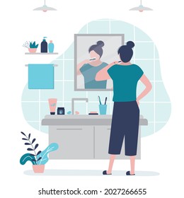 Girl brushing teeth in bathroom. Female character holding toothbrush and toothpaste. Woman monitors oral hygiene. Restroom interior design. Dental procedures. Everyday routine.Flat vector illustration