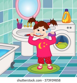 girl brushing teeth in bathroom - vector illustration, eps