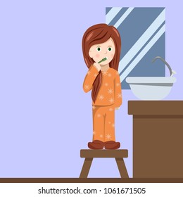 A girl brushing teeth in the bathroom.illustration,vector
