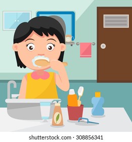 A girl brushing teeth in the bathroom.illustration,vector