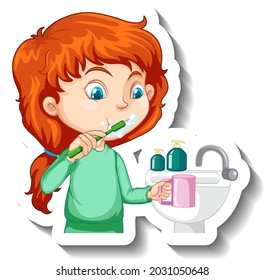 A girl brushing teeth cartoon character sticker illustration