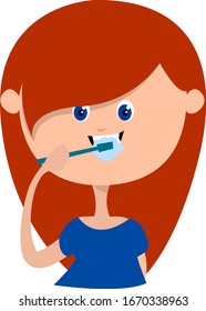 Girl brushing teeth, illustration, vector on white background.