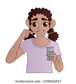 Girl brushing teeth on white background