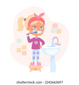 Girl brushing teeth vector illustration. Cartoon cute kid holding toothbrush with toothpaste to clean, wash and care health of mouth, dental hygiene and healthy morning routine of little child