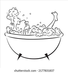 A girl in a bubble bath. Vector black and white illustration on a white background.